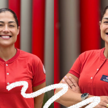 Imagem mostra duas fotos lado a lado da bombeira militar Andresa Silva, uma mulher sorridente vestindo uniforme vermelho do Corpo de Bombeiros. Na imagem da esquerda, ela está de frente, com os braços soltos; na da direita, aparece com os braços cruzados. Setas e elementos gráficos brancos conectam as duas imagens.