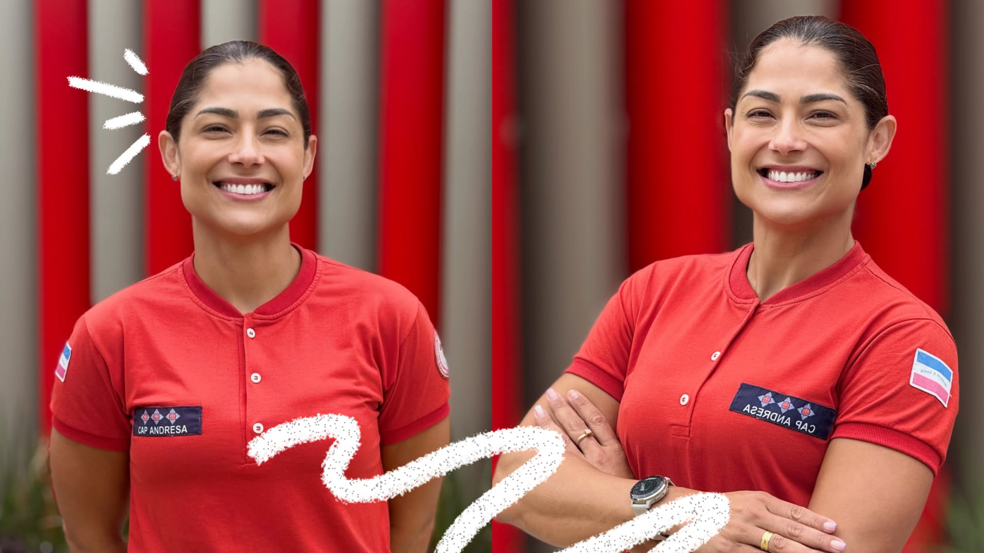 Imagem mostra duas fotos lado a lado da bombeira militar Andresa Silva, uma mulher sorridente vestindo uniforme vermelho do Corpo de Bombeiros. Na imagem da esquerda, ela está de frente, com os braços soltos; na da direita, aparece com os braços cruzados. Setas e elementos gráficos brancos conectam as duas imagens.