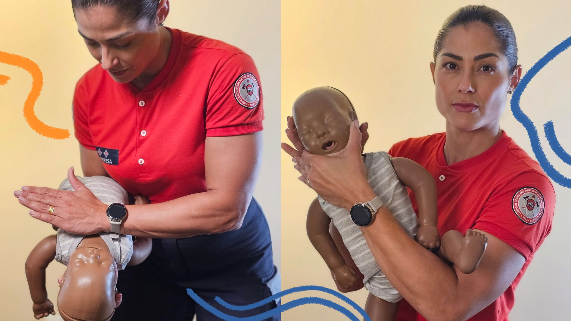 Imagem mostra duas fotos lado a lado de da bombeira Andresa Santos para ilustrar matéria sobre segurança nas férias. Ela veste uniforme vermelho demonstrando procedimentos de primeiros socorros com um boneco bebê. À esquerda, ela segura o boneco inclinado para baixo e realiza manobras nas costas. À direita, sustenta o boneco na posição vertical, apoiando a cabeça e o corpo, enquanto olha para a câmera.