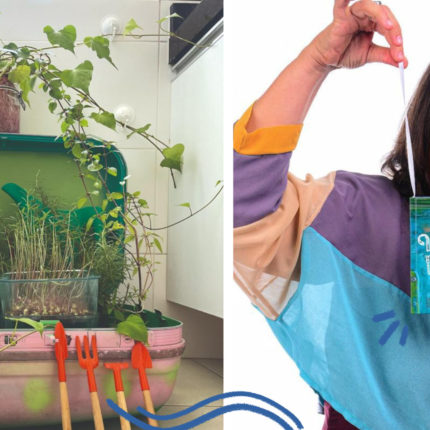 Imagem dividida em duas partes. À esquerda, uma mala aberta transformada em mini horta, com plantas verdes crescendo em recipientes e pequenas ferramentas de jardinagem apoiadas à frente. À direita, foto de Adriana Klisys. Ela aparece sorridente segurando o livro Viagem lúdica.