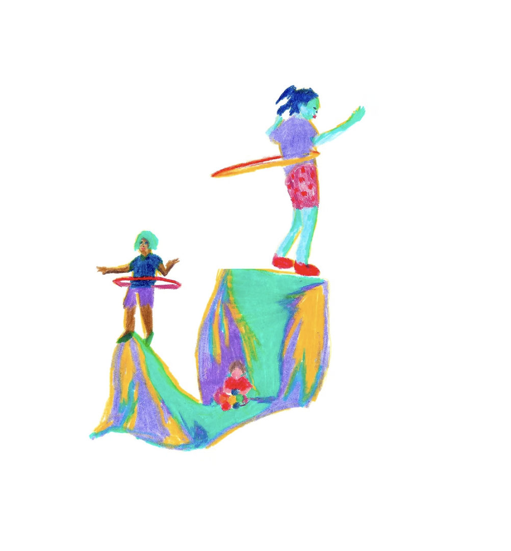 ilustração colorida de duas criancas brincando em um picadeiro