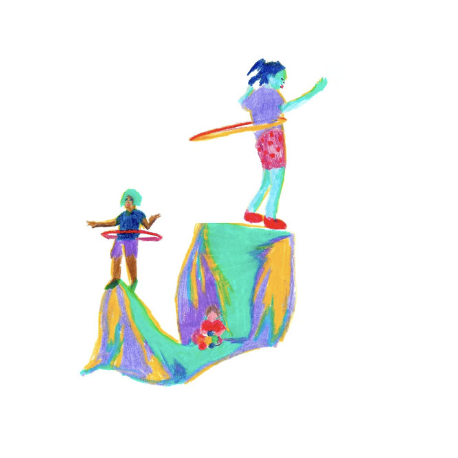 ilustração colorida de duas criancas brincando em um picadeiro