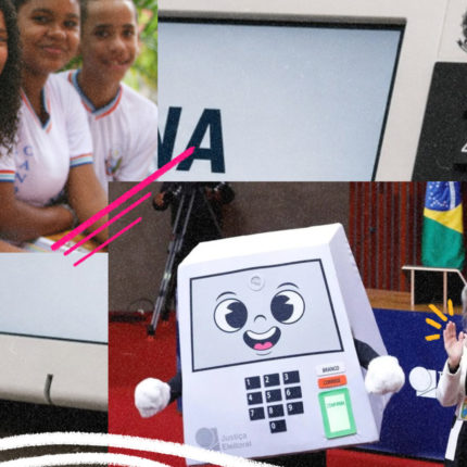 Colagem com quatro adolescentes sorrindo, detalhes de uma urna eletrônica, um mascote da Justiça Eleitoral em formato de urna e duas pessoas em um evento oficial. Elementos gráficos coloridos ilustram a participação de adolescentes nas eleições e a construção das escolhas políticas.