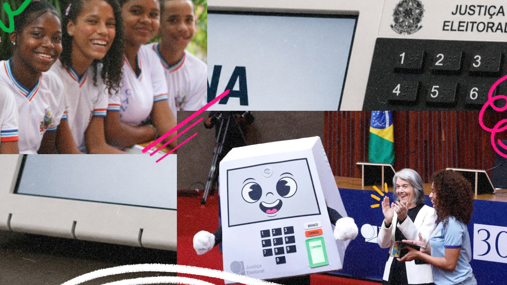 Colagem com quatro adolescentes sorrindo, detalhes de uma urna eletrônica, um mascote da Justiça Eleitoral em formato de urna e duas pessoas em um evento oficial. Elementos gráficos coloridos ilustram a participação de adolescentes nas eleições e a construção das escolhas políticas.