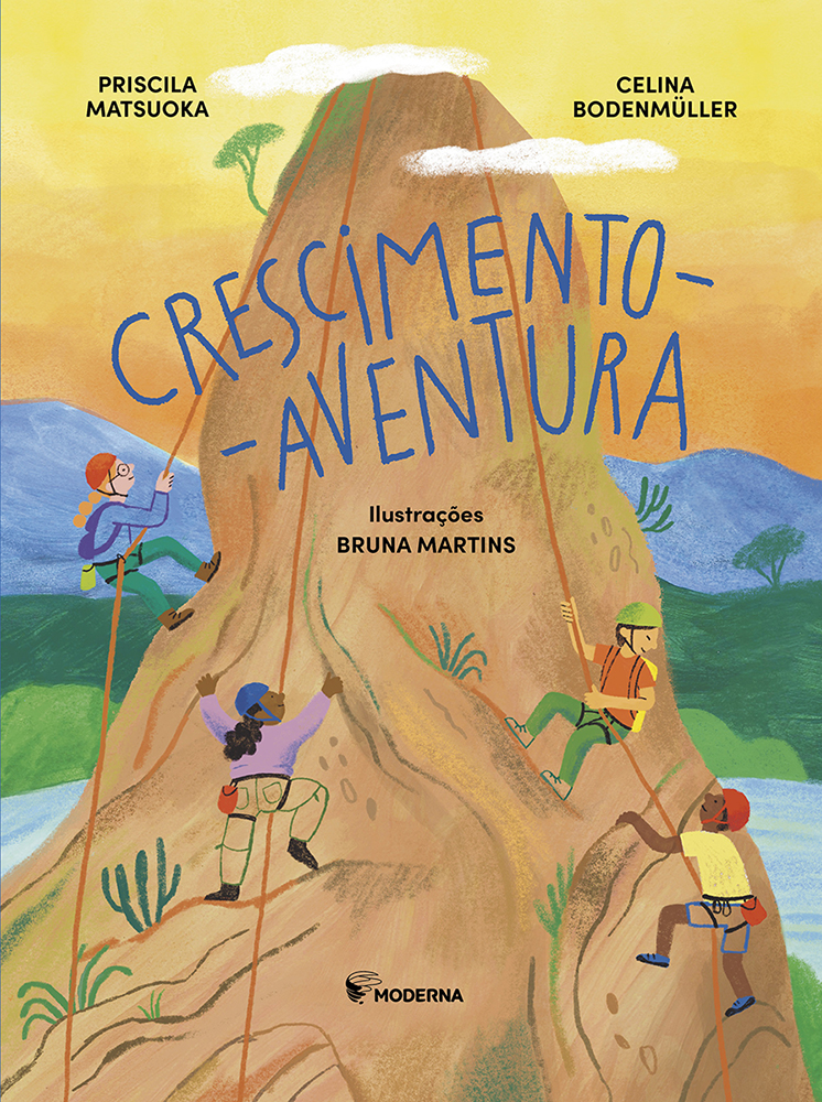 Capa do livro com quatro pessoas subindo uma montanha, em uma paisagem ao ar livre.